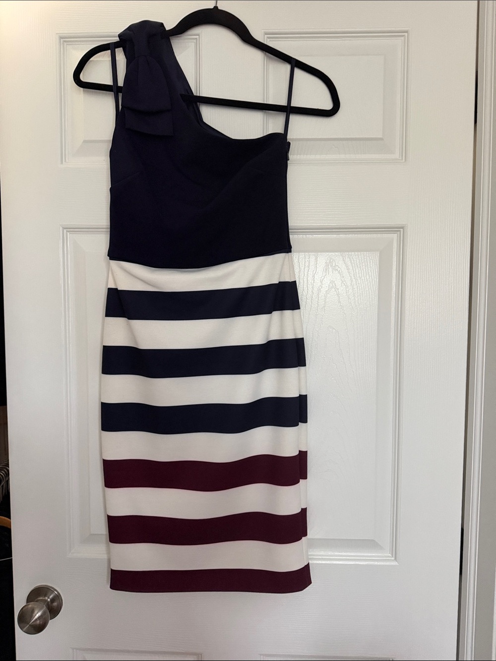 Ted Baker Navy, White & Burgundy One-Shoulder Striped Dress